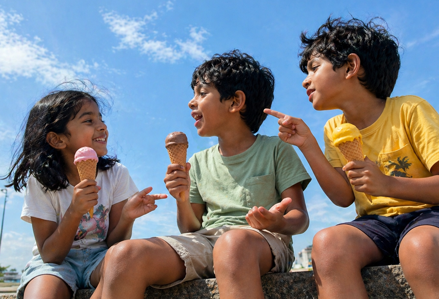 Three children eating ice cream cones together